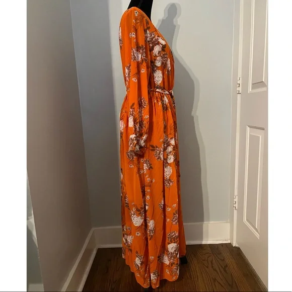 Orange Floral, V-Neck Maxi Dress - Picture 10 of 14